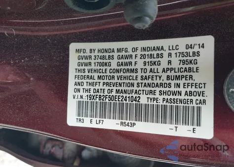 2014 Honda Civic Lx from USA, damaged, VIN 19XFB2F50EE241042